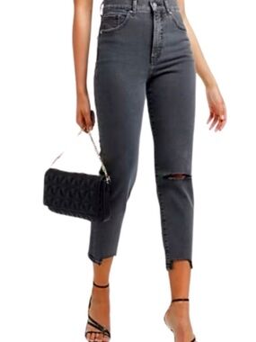 Express Black High-Rise Cropped Jeans with Knee Rip